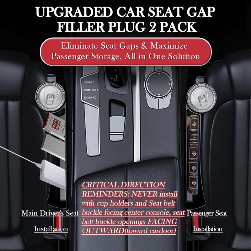 DDTPDE Car Seat Gap Filler Set of 2, Upgraded Car Side Seat Gap Fillers with Organizer, Cup Holder & Hook Function, Inserts Between Front Seats Console Catcher 4in1 Gap Stopper Fill Plug Storage Box (Black) - Image 2